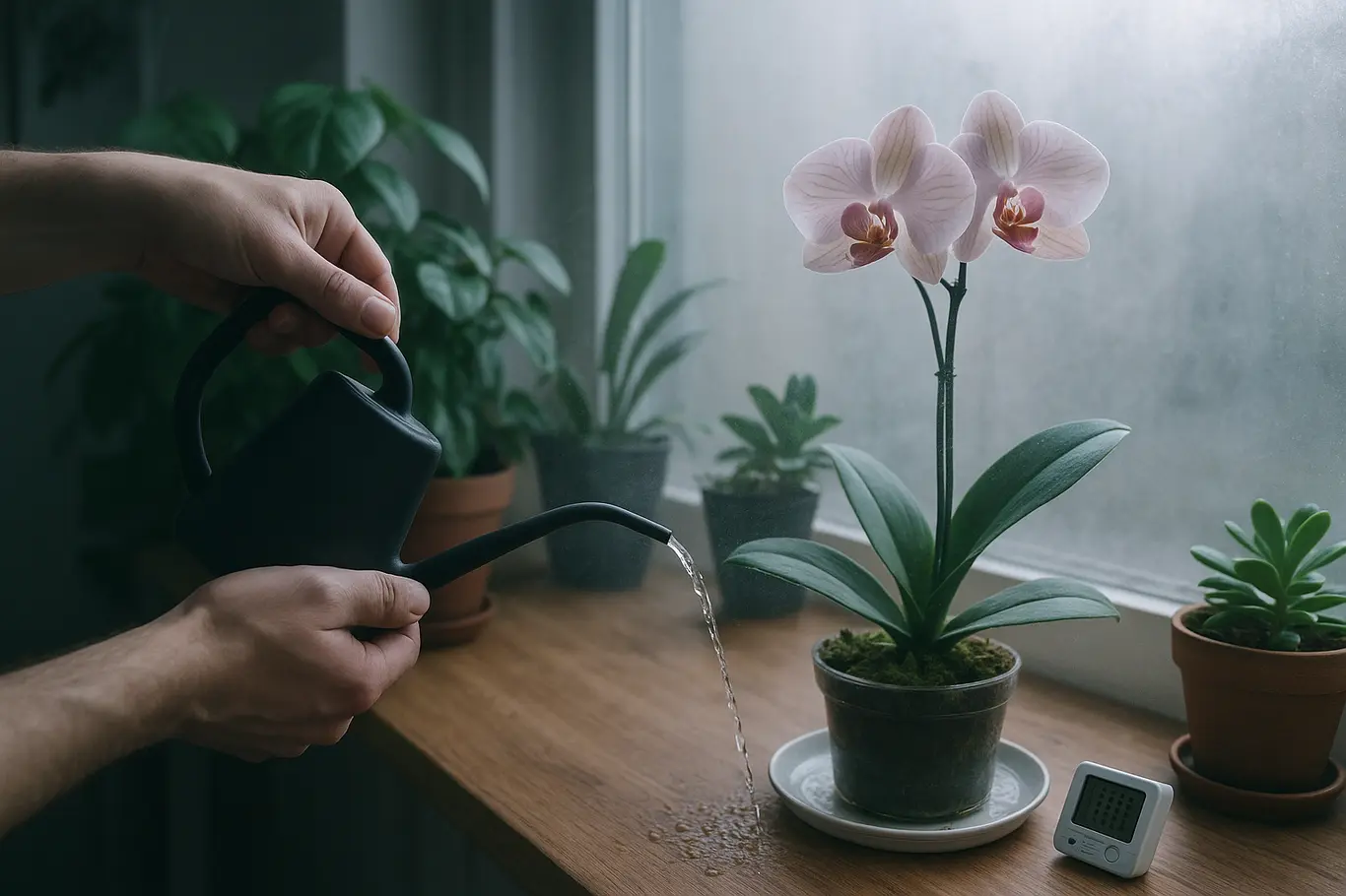 Mãos regando orquídea com regador de bico fino, bancada com outras plantas e termômetro