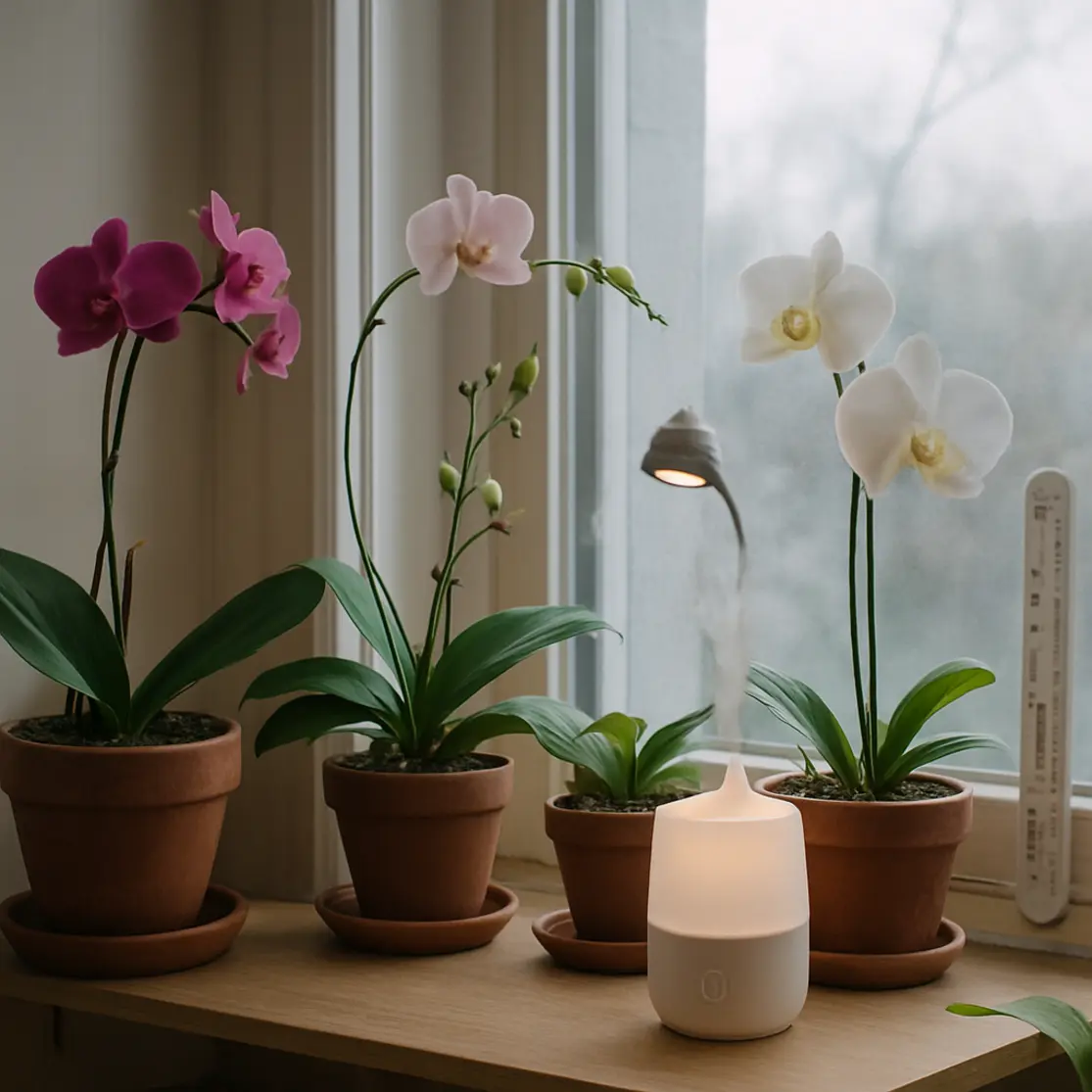 Estante com várias orquídeas, umidificador e termômetro junto à janela no inverno