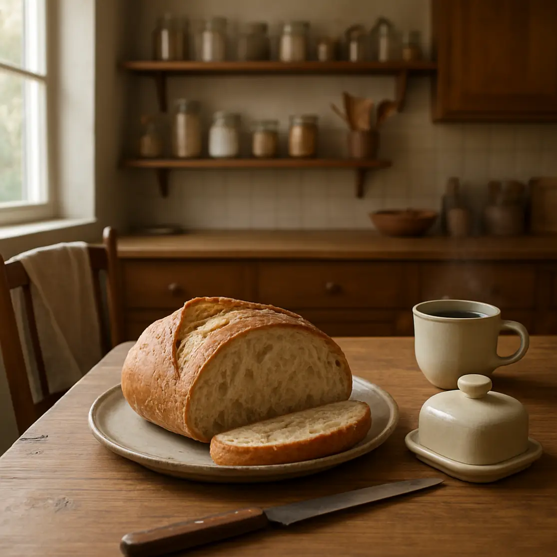 Mesa com pão fatiado, manteiga e café em cozinha acolhedora