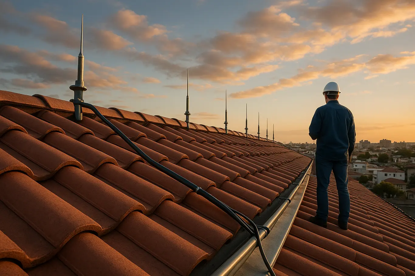 Vista ampla do telhado mostrando para‑raios e cabo condutor com técnico de costas inspecionando