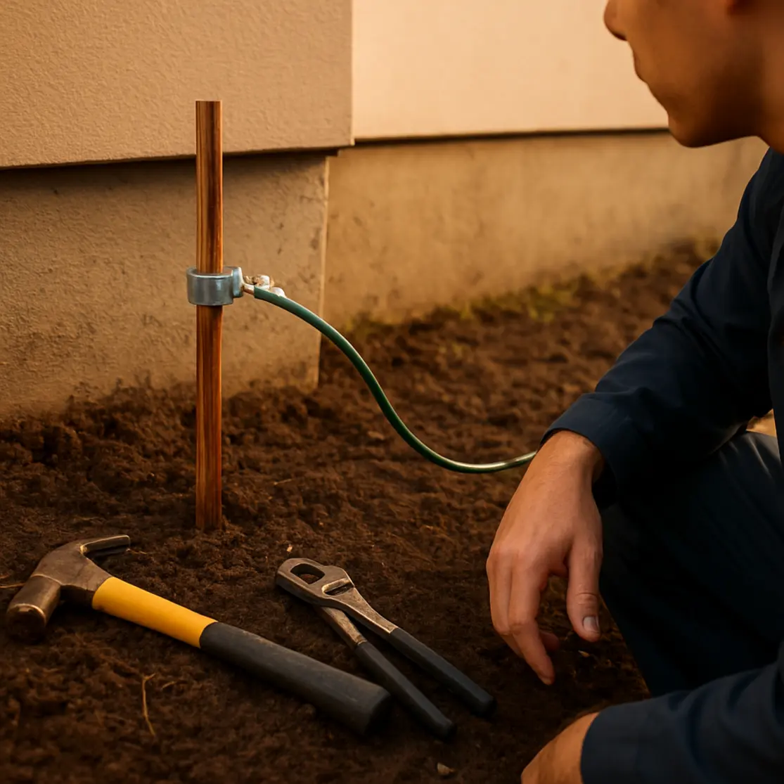 Detalhe do aterramento com braçadeira conectando cabo condutor junto à fundação da casa