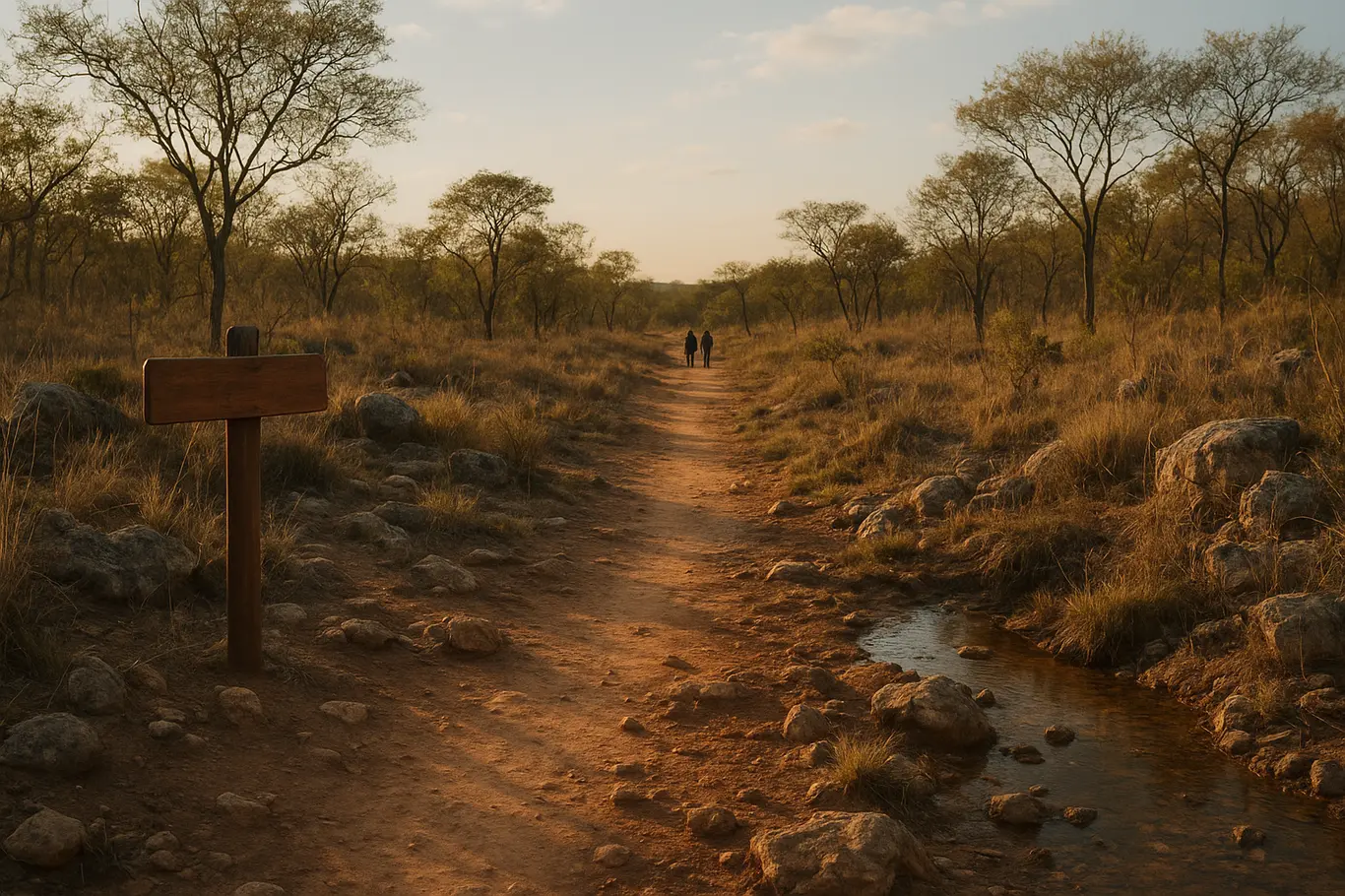 Trilha do cerrado com silhuetas de caminhantes ao longe e placa de trilha