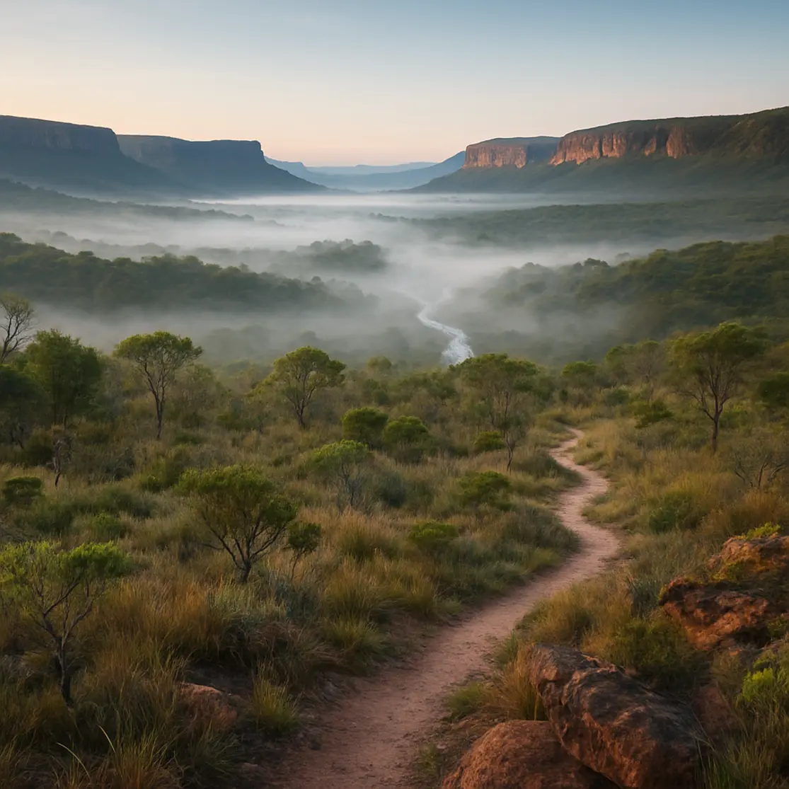 Panorama do cerrado com rio sinuoso, chapadões e névoa ao amanhecer