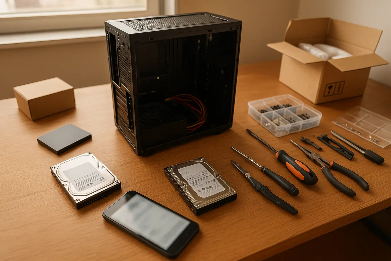 Mesa de montagem vista aberta com peças de PC acessíveis e ferramentas