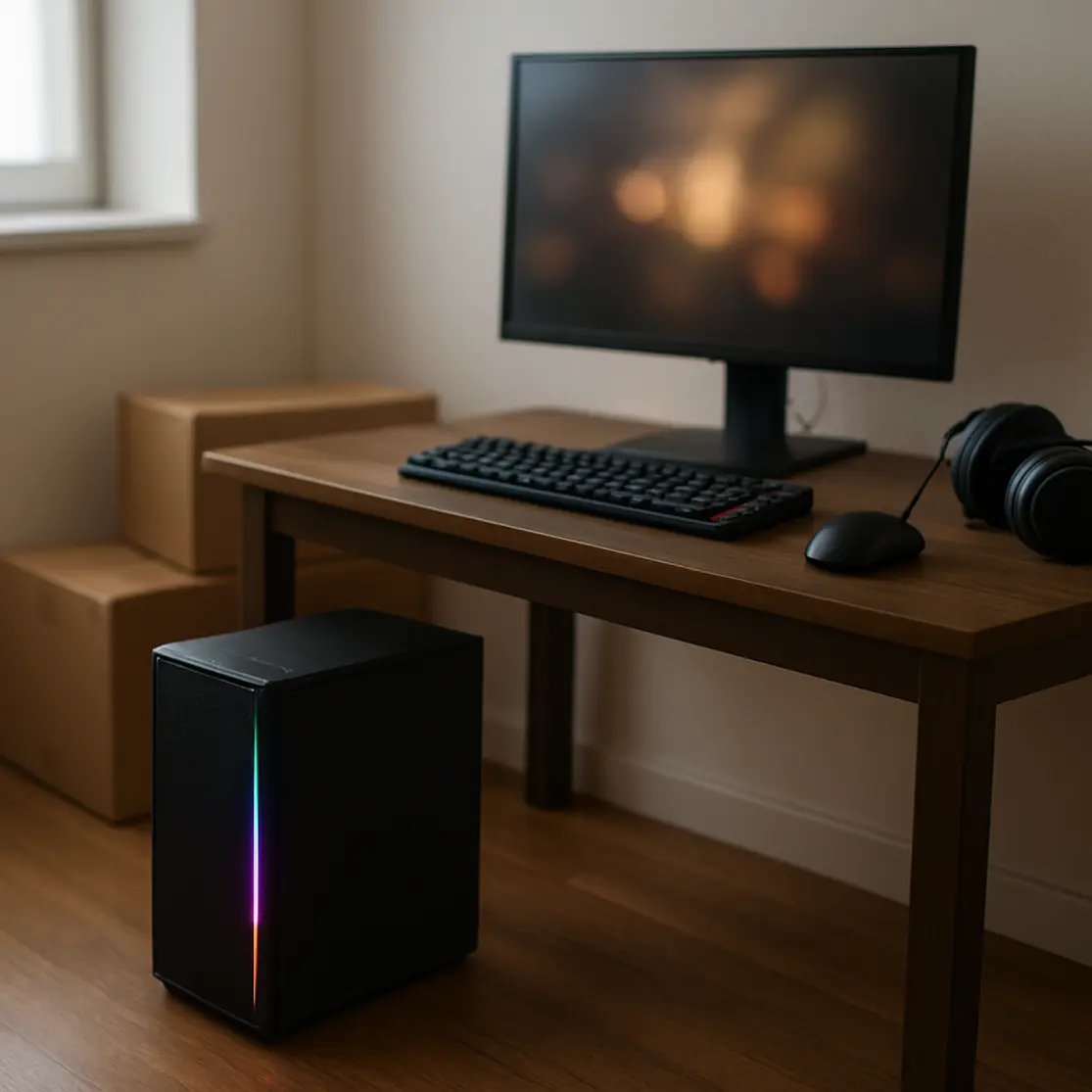 Setup gamer econômico montado com torre RGB sutil e periféricos básicos