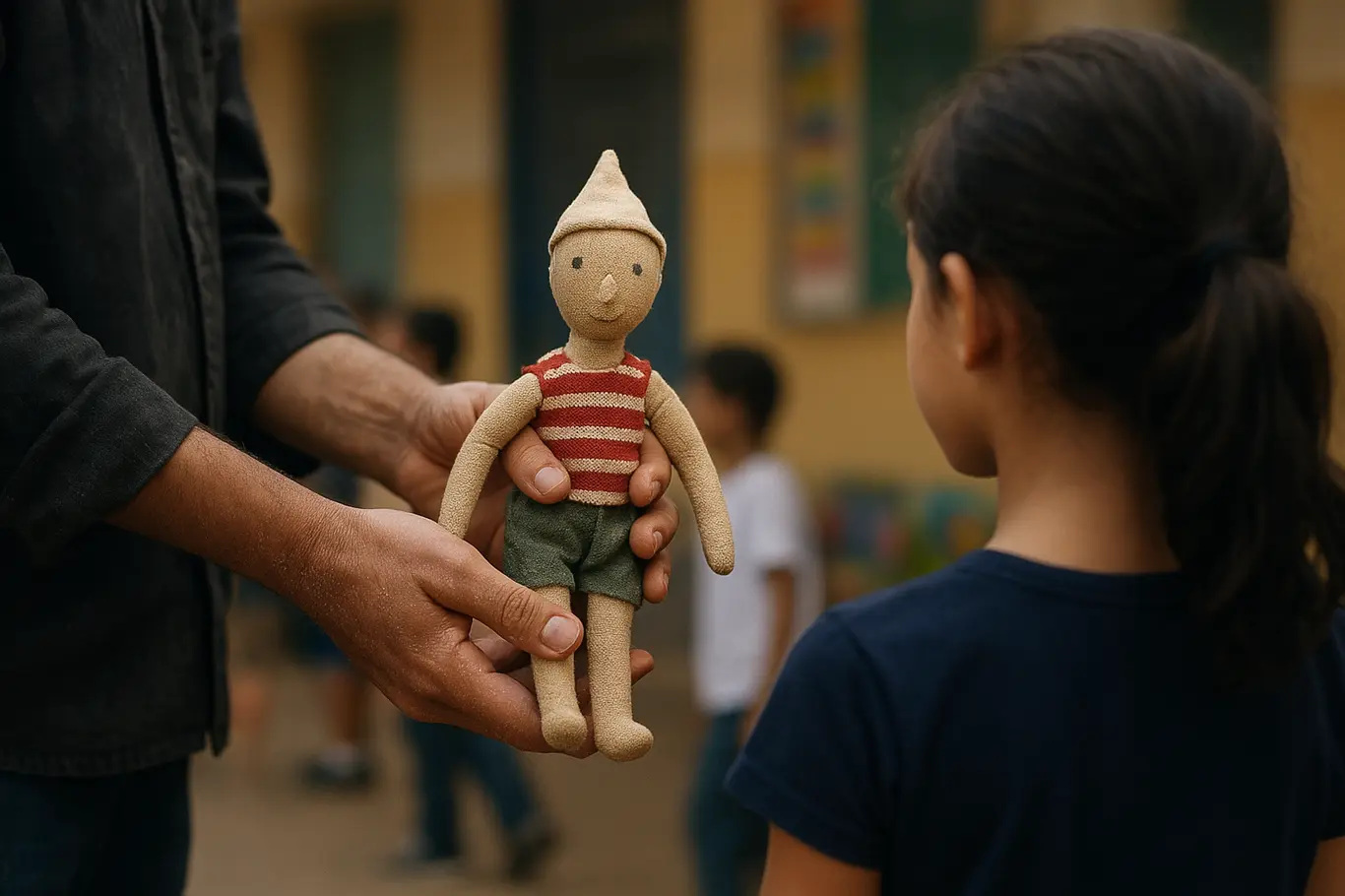 Detalhe das mãos de um artista entregando um boneco artesanal a uma criança em escola do DF.