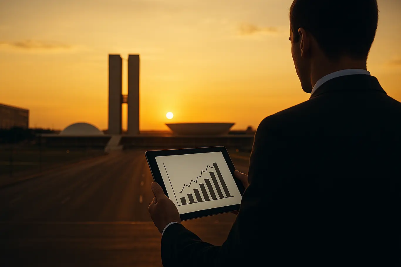 Congresso Nacional ao entardecer com operador financeiro em primeiro plano de costas segurando tablet com gráfico abstrato.