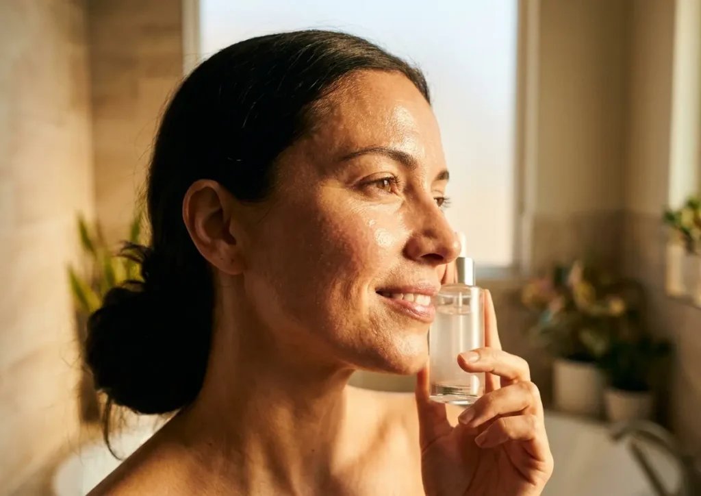 Como tratar pele desidratada: rotina e ingredientes que funcionam Mulher em 3/4 segurando frasco de sérum com pele visivelmente desidratada em luz dourada