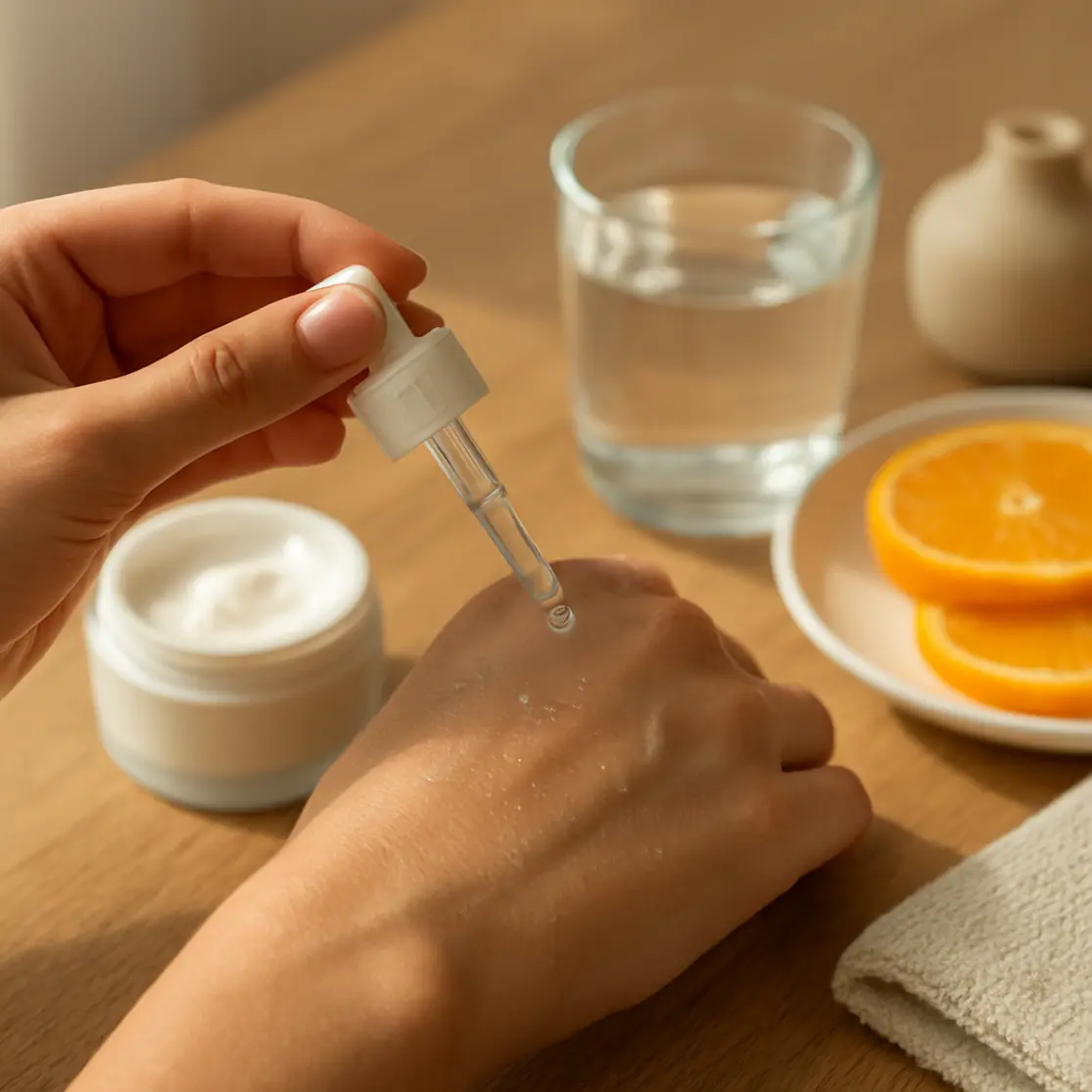 Mãos aplicando sérum no dorso da mão com produtos e copo de água ao lado