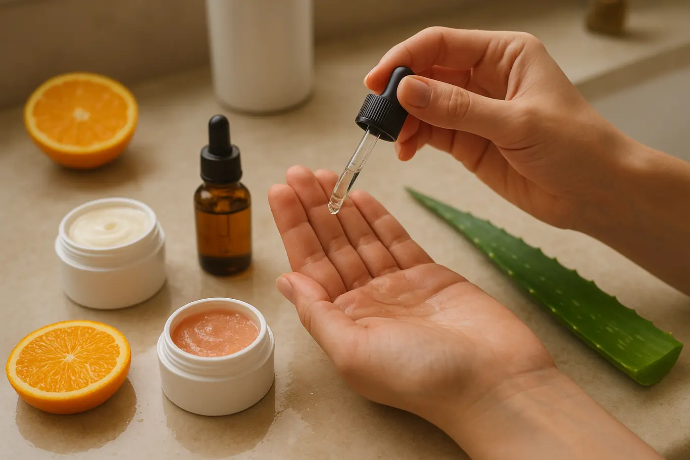 Bancada com sérum e ingredientes naturais, mãos segurando gotas de vitamina C