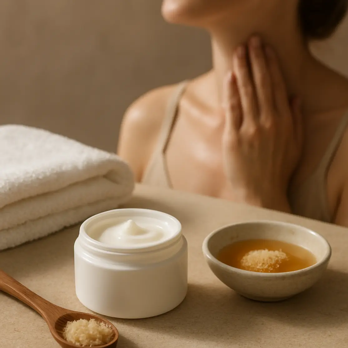Bancada com hidratante, esfoliante e ingredientes naturais, figura desfocada aplicando creme