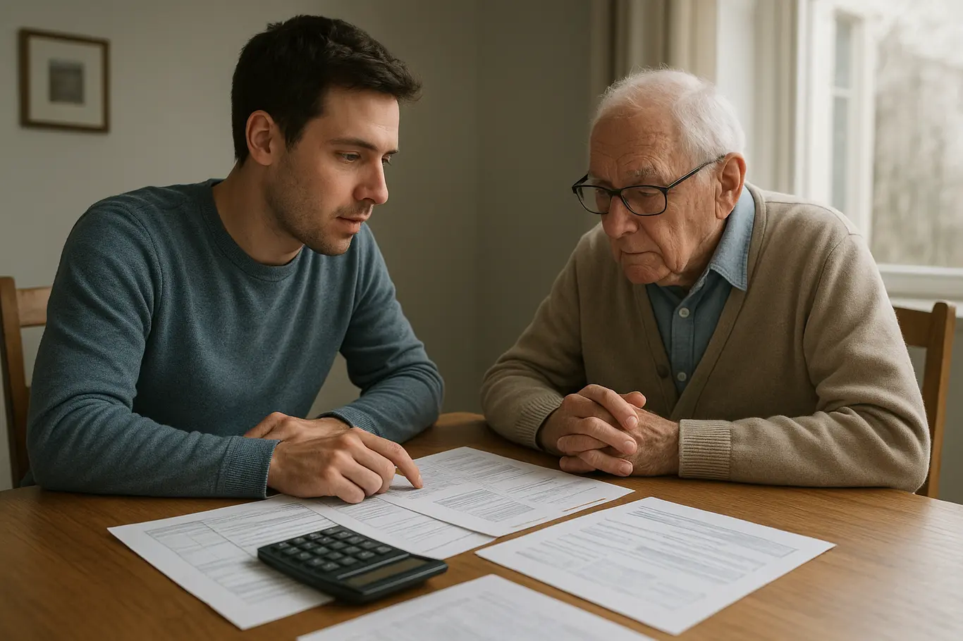 Mesa com documentos financeiros, calculadora e duas pessoas em perfil discutindo, perspectiva ampla