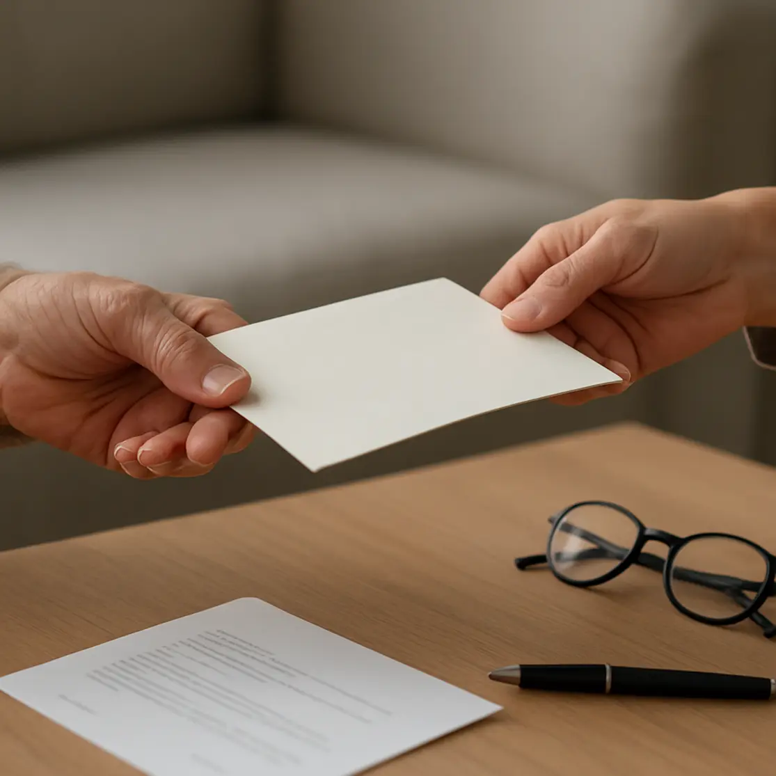 Mãos de duas gerações trocando documentos sobre mesa, close editorial