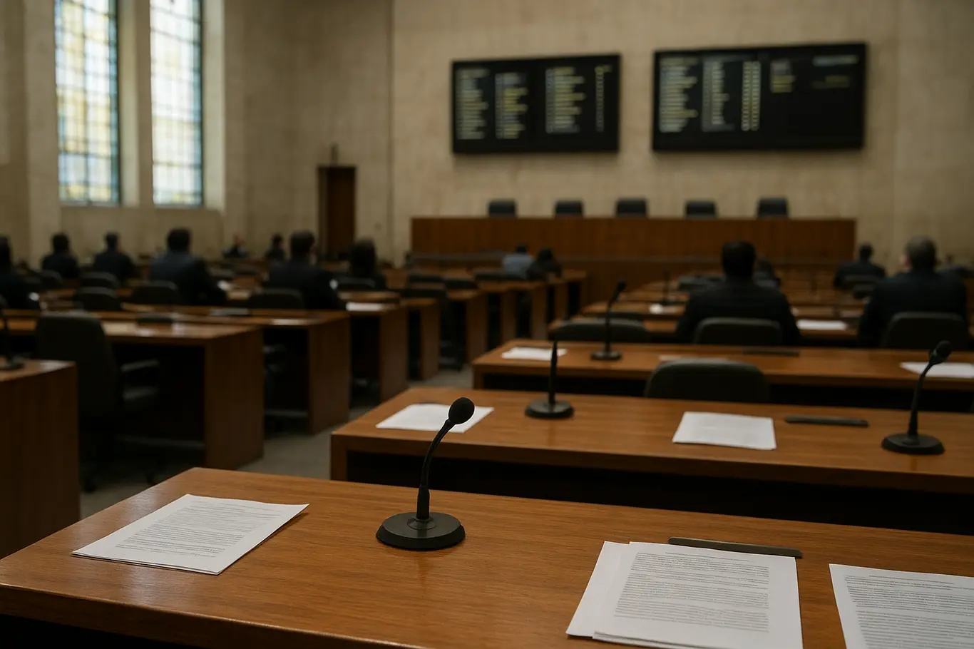 Plenária da Câmara Legislativa do DF vista em plano aberto, bancos, microfones e papéis em destaque.
