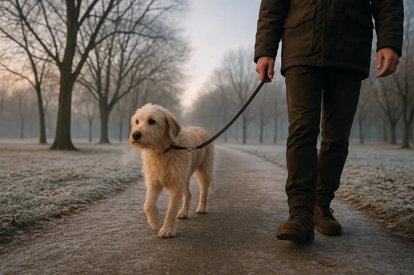 Cão sendo passeado em parque com geada, dono visível da cintura para baixo