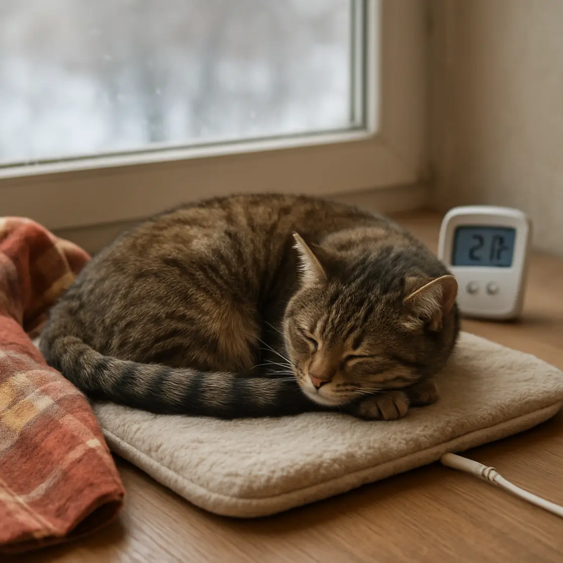 Gato enrolado em cama térmica junto à janela, cobertor xadrez e termômetro no fundo