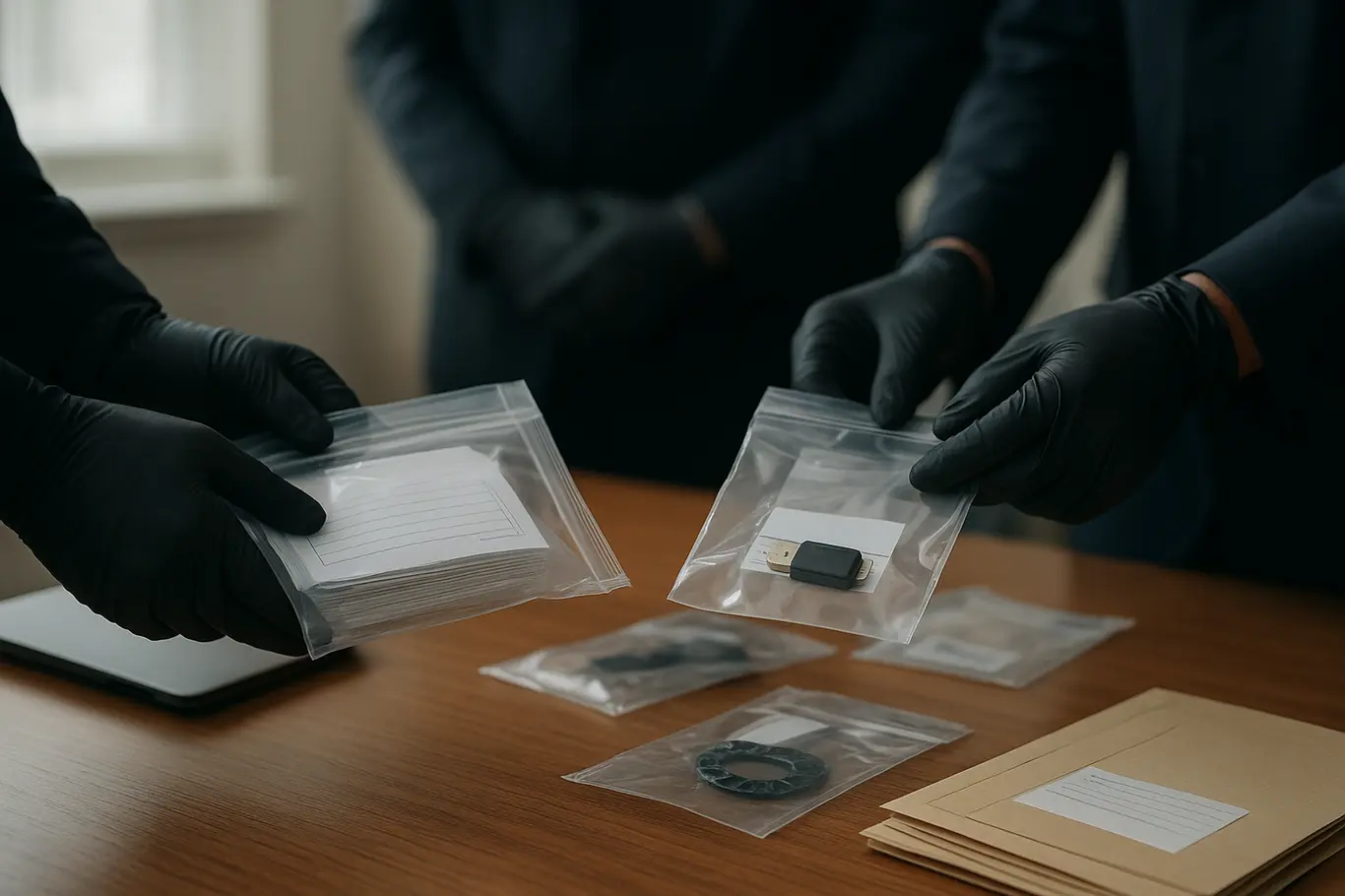 Mãos enguantadas de agentes organizando sacos de prova transparentes com documentos e pen drives sobre mesa.