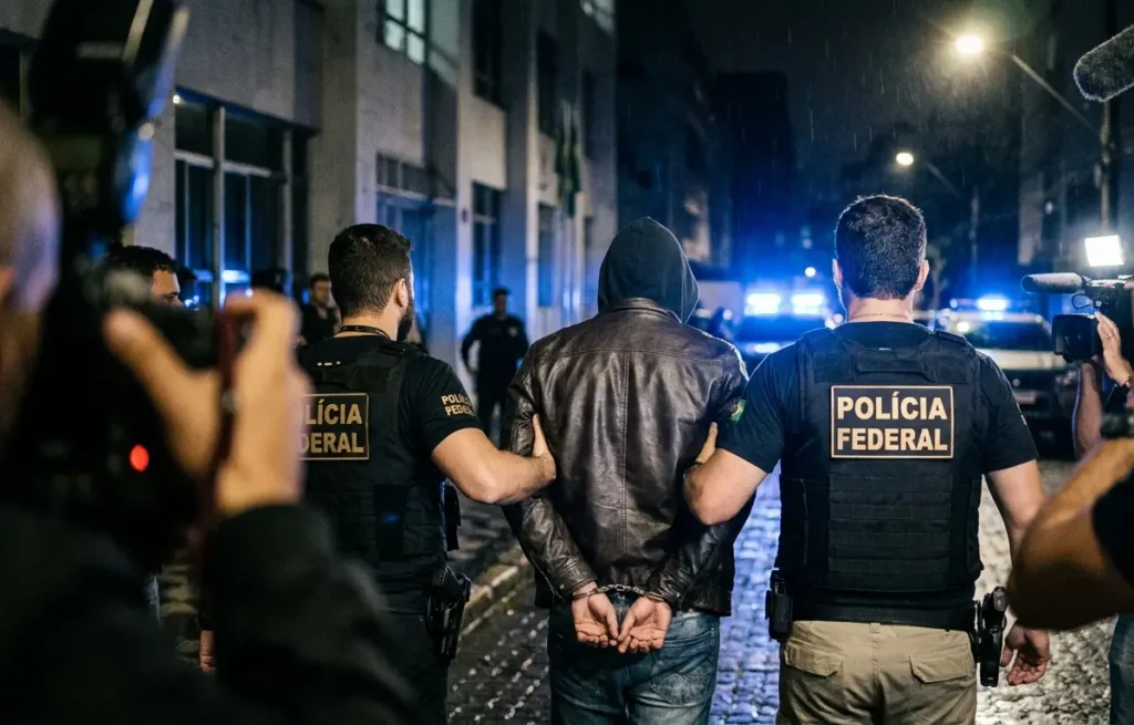 Homem algemado sendo escoltado por agentes da Polícia Federal à noite, visto de costas, viaturas ao fundo.