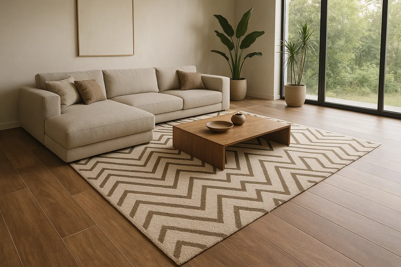 Sala ampla com porcelanato amadeirado, tapete geométrico e sofá modular