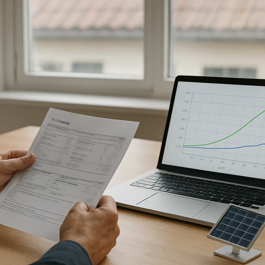 Mãos segurando fatura de energia com laptop mostrando gráfico de retorno e modelo de painel na mesa