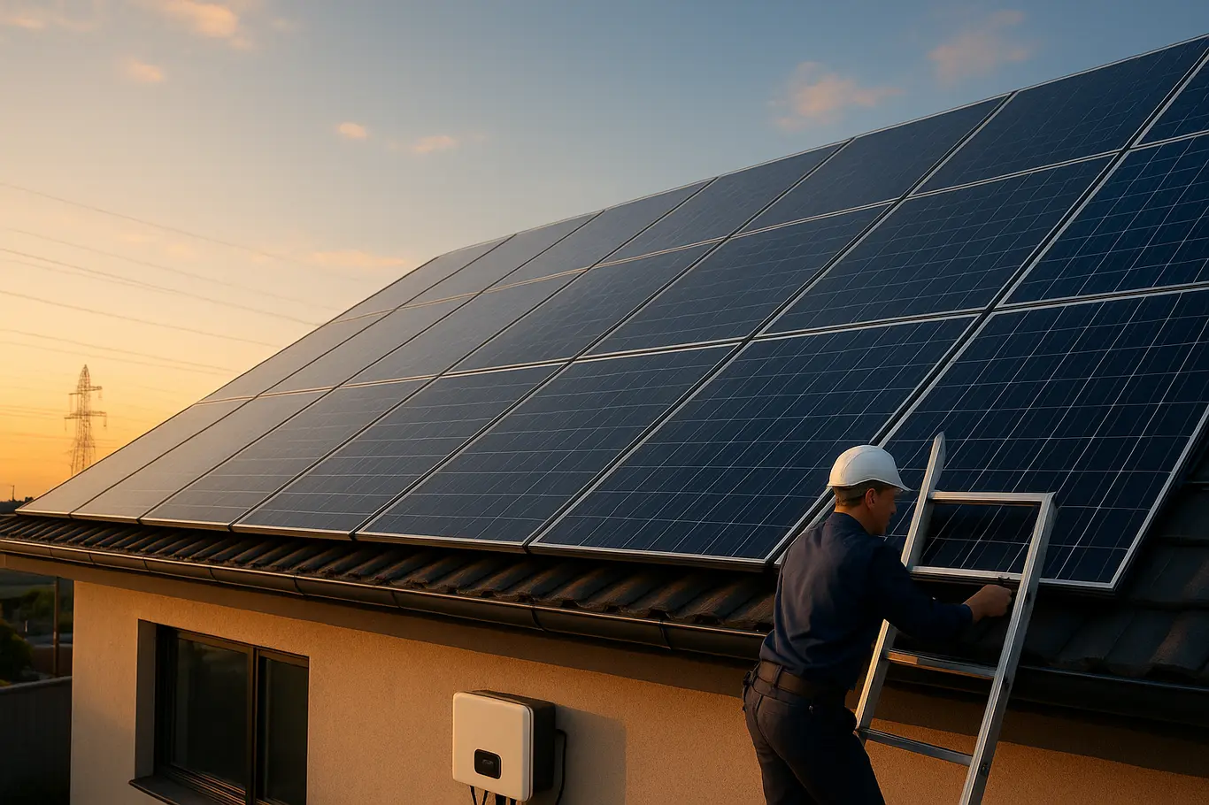 Instalação residencial de painéis solares com técnico em escada, vista ampla do telhado