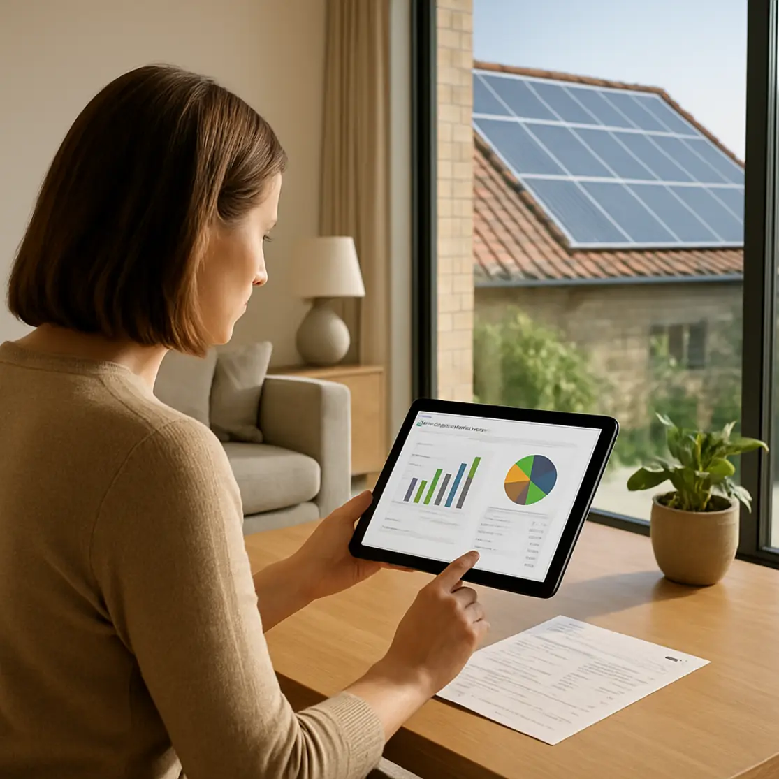 Sala com vista para telhado com painéis solares, pessoa conferindo economia no tablet