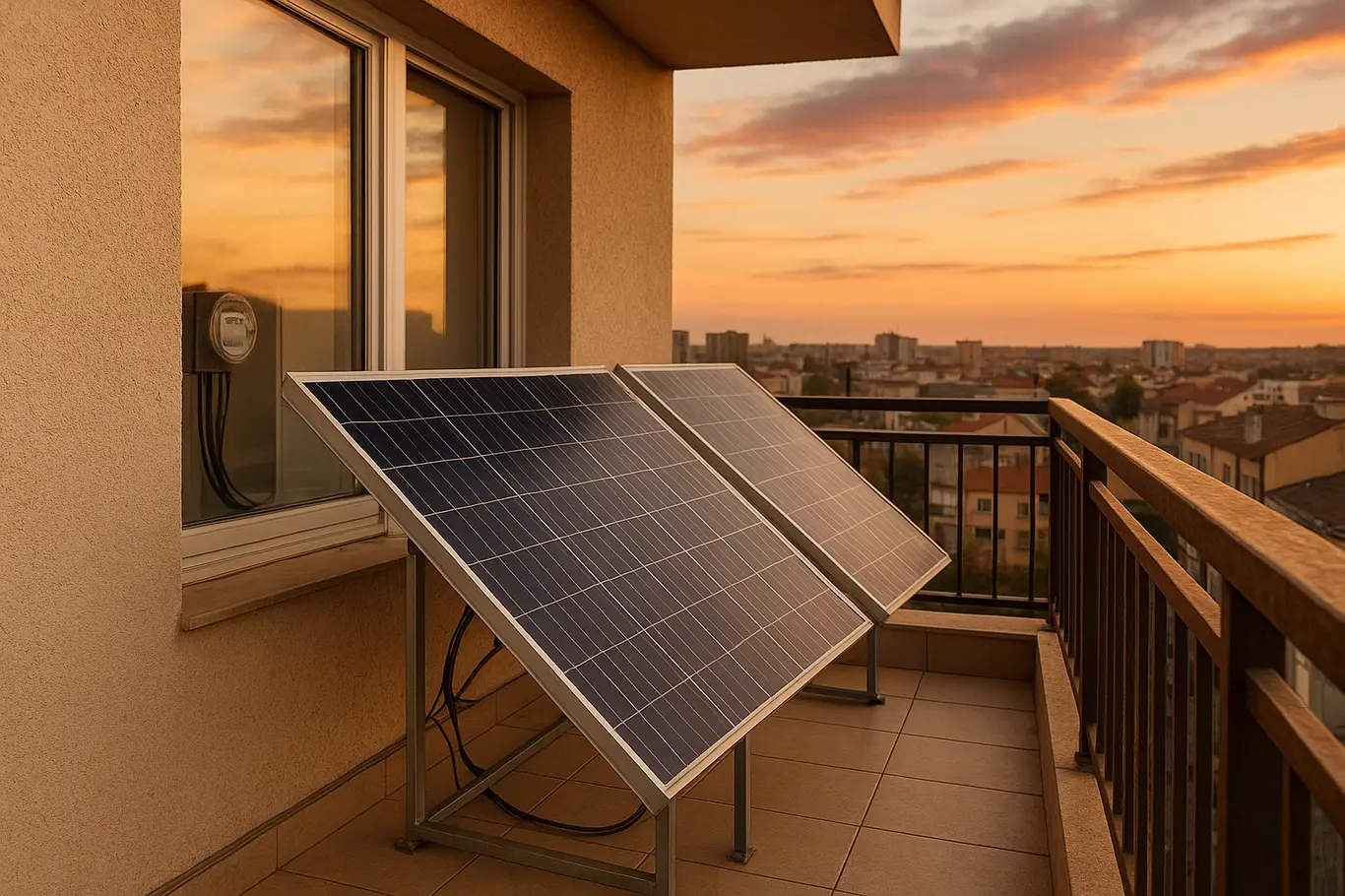 Varanda de apartamento com duas placas solares compactas e vista urbana ao fundo