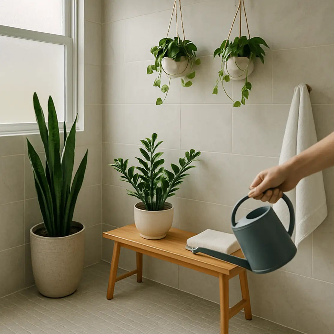 Visão ampla do banheiro com sansevieria, zamioculcas e pothos distribuídas, janela fosca ao fundo
