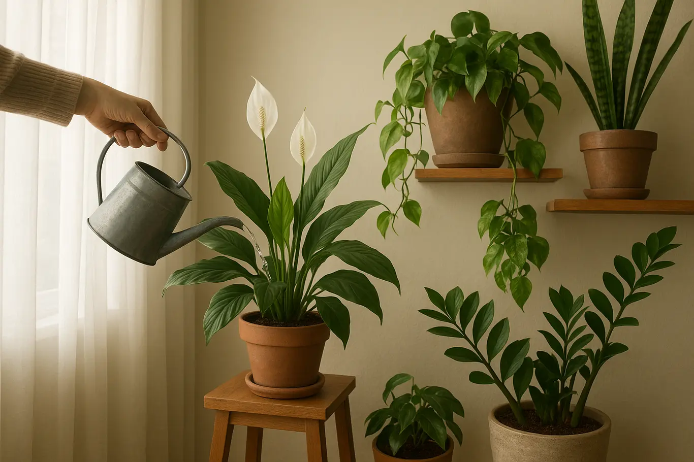 Prateleira com várias plantas purificadoras e mão regando
