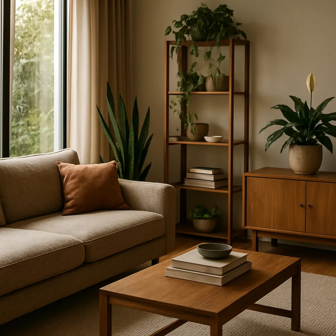 Sala de estar com várias plantas purificadoras integradas à decoração