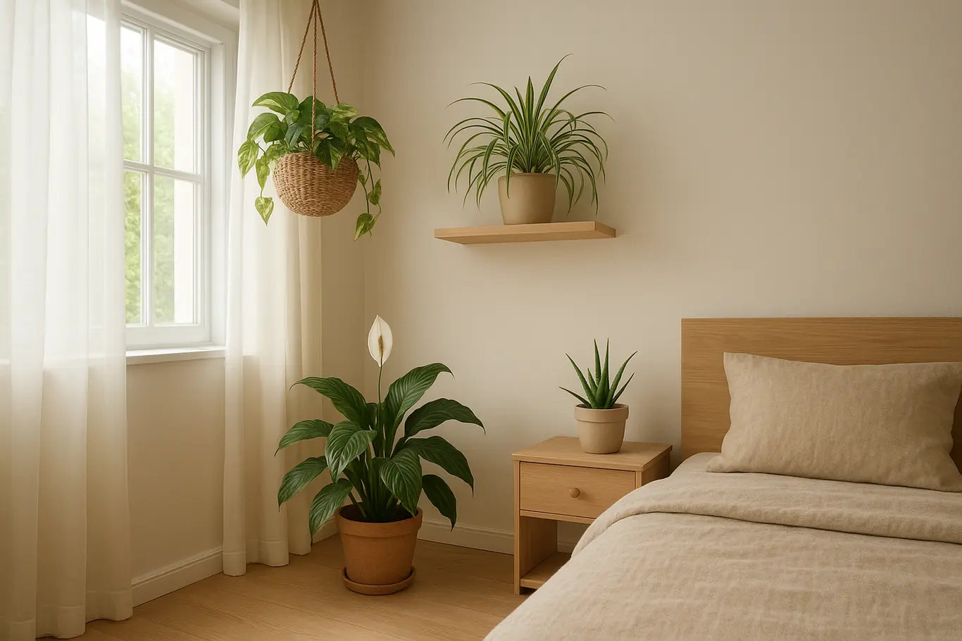 Quarto com várias plantas como jiboia, lírio-da-paz e clorofito junto à janela