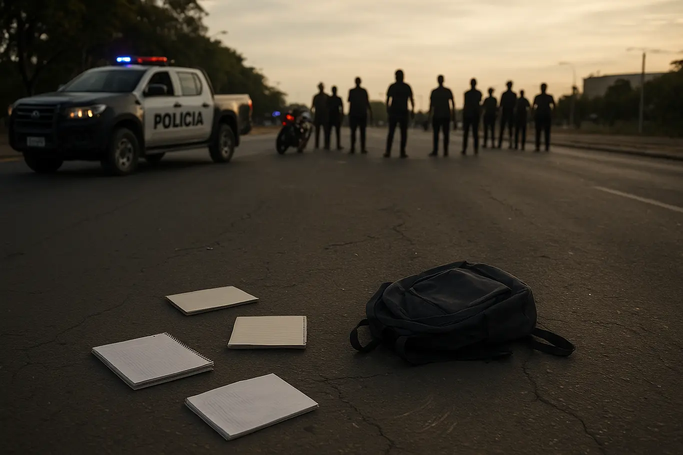 Rua em Brasília com mochila escolar caída e cadernos espalhados, viatura policial com luzes ao fundo, pessoas em silhueta