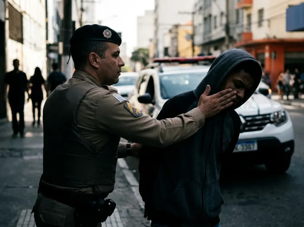Momento de abordagem policial em rua do DF, adolescente virado para o chão e policial em perfil, rostos não identificáveis