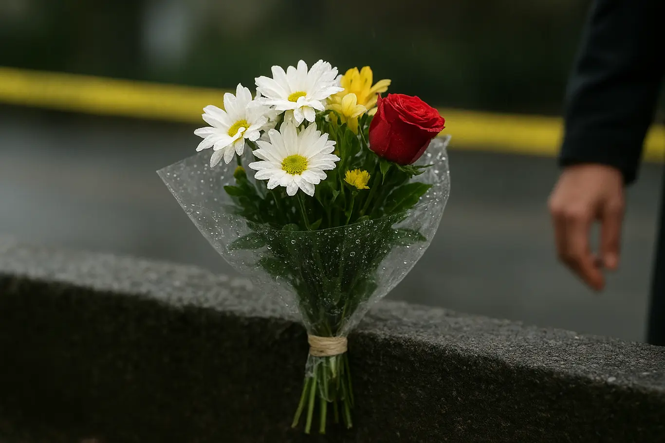 Buquê de flores no muro com fita amarela desfocada ao fundo