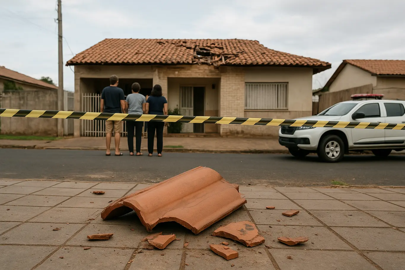 Telha partida no chão em frente a casa com sinais de dano no telhado e fita de isolamento, moradores observando de costas.