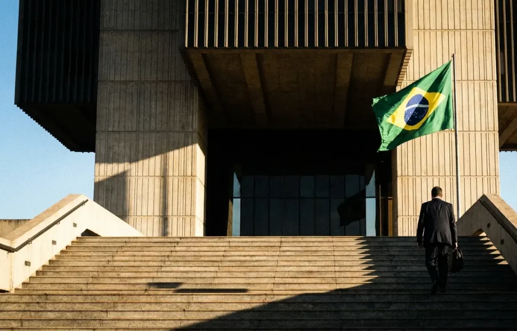 Edifício do Banco Central de Brasília com pessoa de costas subindo escada