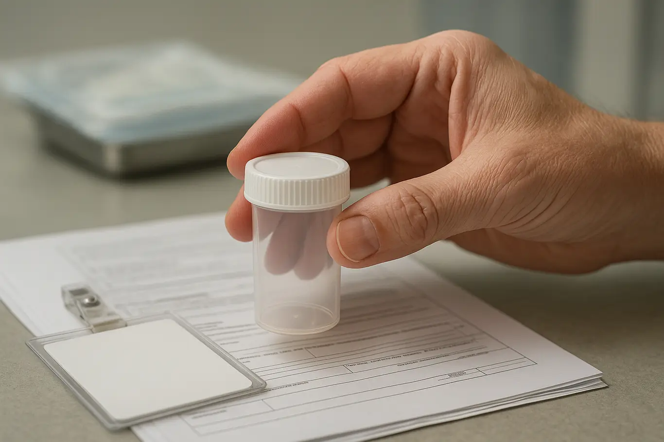 Close-up de mão segurando tubo íntimo genérico sobre documentos médicos virados para baixo
