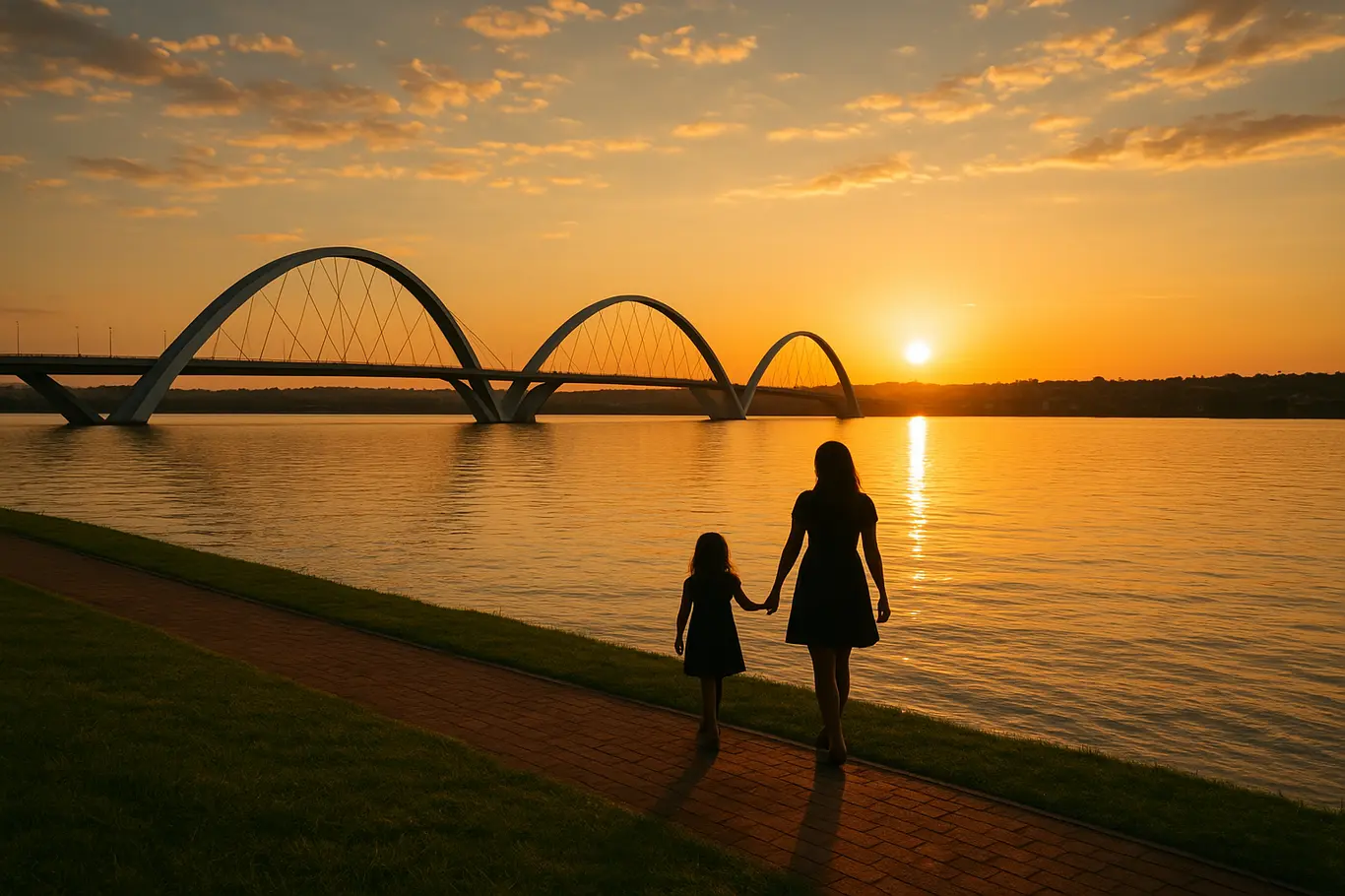 Visão ampla do Lago Paranoá com a Ponte Juscelino Kubitschek e mãe e filha caminhando de mãos dadas à distância.