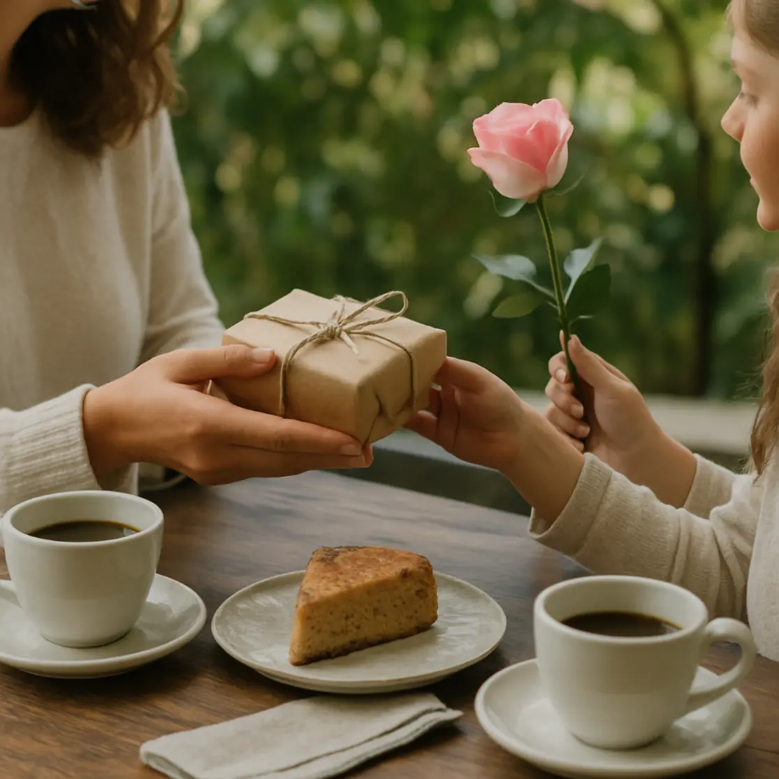 Mesa de café externa com mãos trocando presente, xícaras e fatia de bolo, ambiente de jardim, rostos não identificáveis.