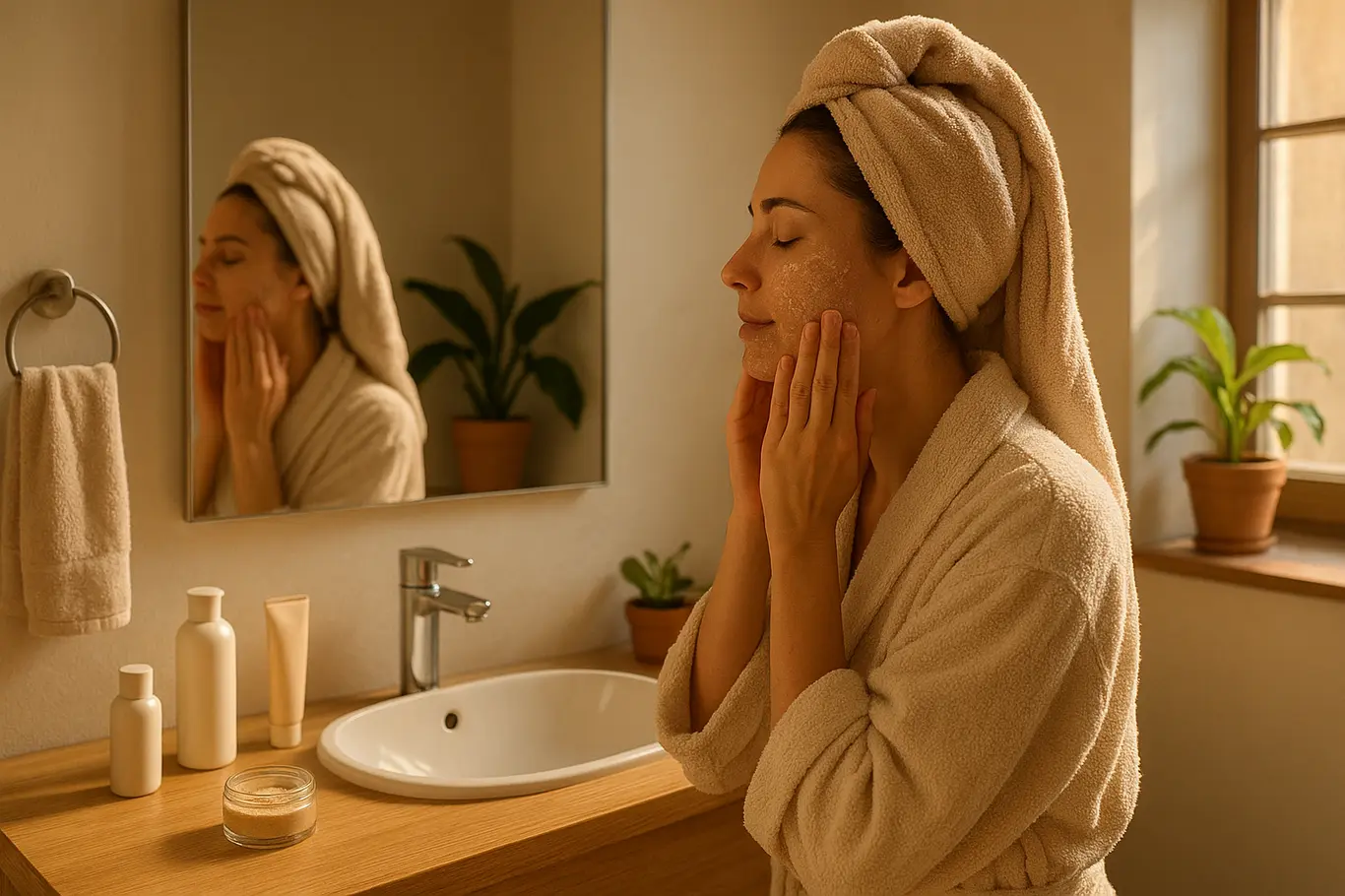 Cena ampla de mulher em perfil aplicando esfoliante no banheiro, bancada com produtos neutros