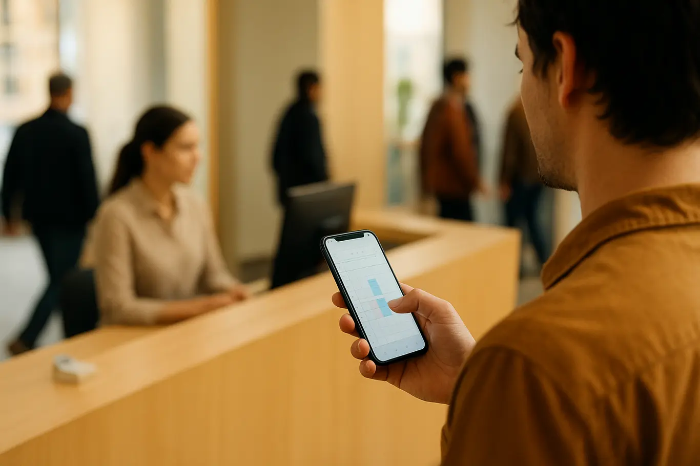 Visão sobre o ombro de pessoa usando app para agendar, balcão de posto de saúde ao fundo desfocado