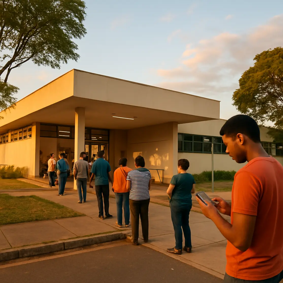 Fachada externa de posto de saúde em Brasília com pessoas usando celular e fila discreta