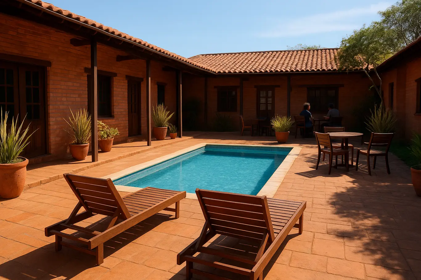 Pátio amplo de pousada econômica com piscina, espreguiçadeiras e plantas nativas, pessoas vistas de costas
