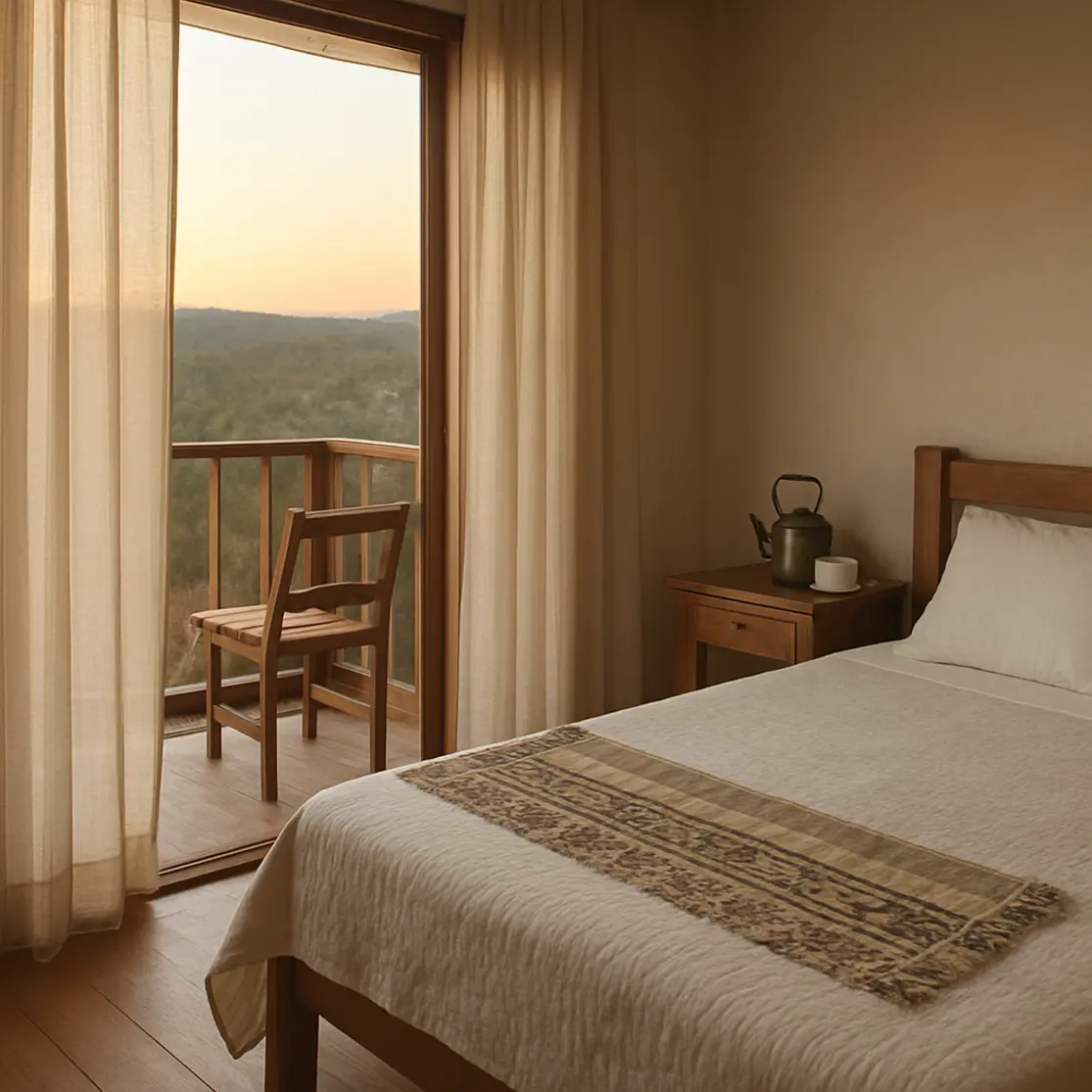 Quarto acolhedor de pousada com varanda e vista do cerrado ao amanhecer, mala no chão e xícara sobre mesa