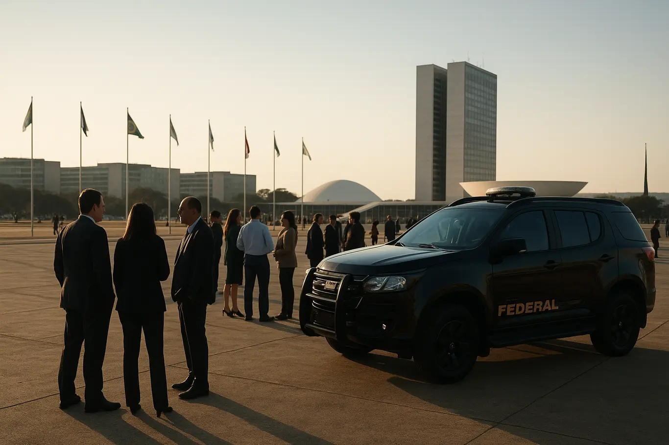 Esplanada dos Ministérios com assessores em pequenos grupos, viatura oficial e edifícios de Brasília ao fundo