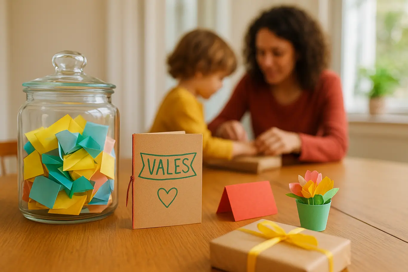 Bancada com várias ideias de presentes baratos e criativos para o Dia das Mães, criança e adulto de costas ao fundo
