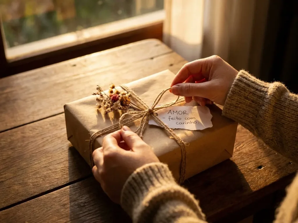 Mãos ajeitando um presente embrulhado em papel kraft com flores secas sobre mesa de madeira