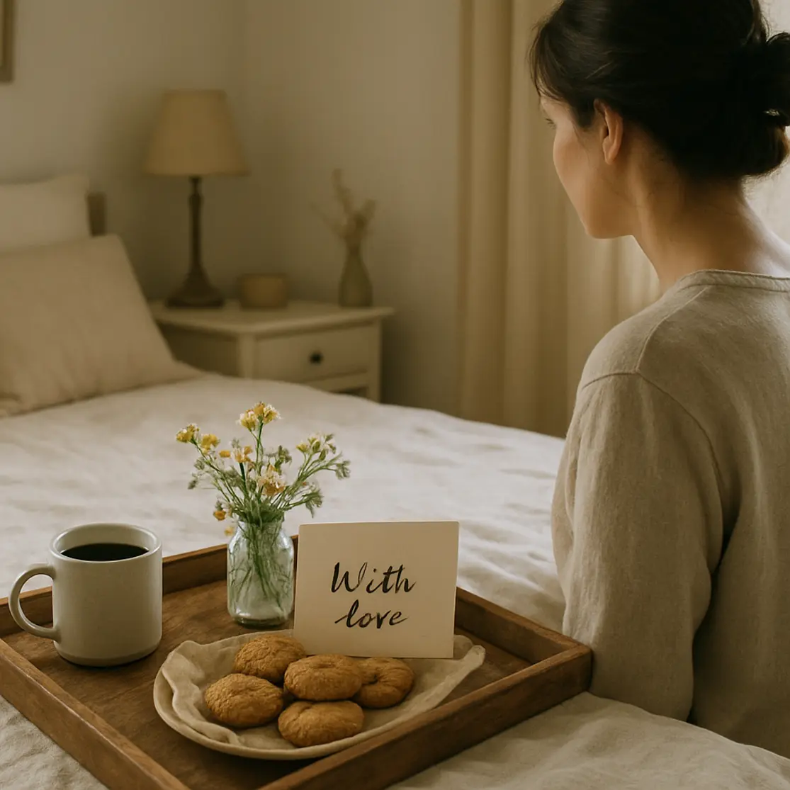Bandeja de café da manhã com cartão e flores sobre a cama, mulher de costas desfocada ao fundo