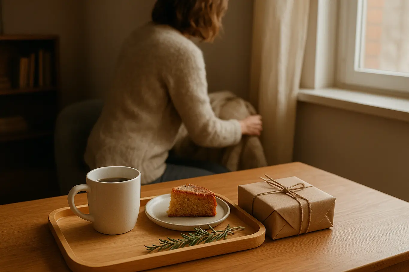Bandeja de café com presente sobre mesa, mãe ao fundo de costas