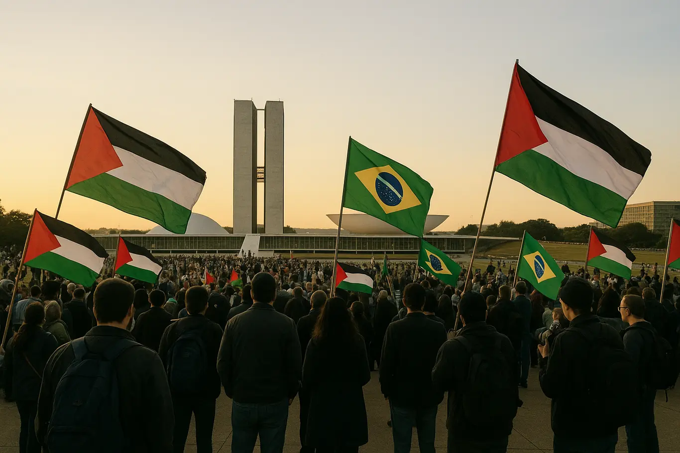 Mobilização na Esplanada dos Ministérios com bandeiras palestinas e brasileiras, vista ampla sem rostos identificáveis